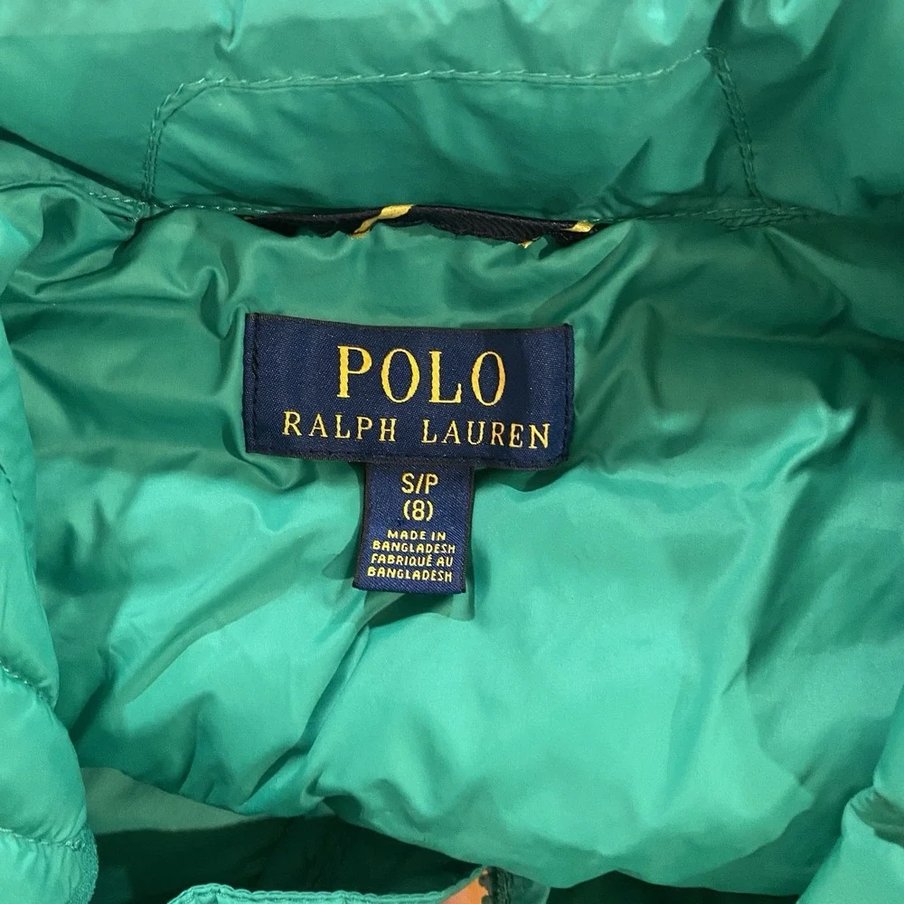 Polo Ralph Lauren Boys Green Quilted Puffer Vest Size S 8 Full‎ Zip Pony Logo